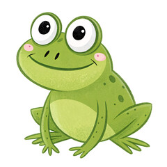 A green cartoon frog with large eyes, pink cheeks, and a friendly smile, sitting happily with its legs splayed, isolated on a transparent background
