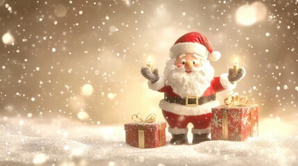 Santa Claus with lit candles and gifts in snowy scene.