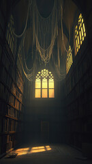 dusty old library with cobwebs hanging from the ceiling,  foggy windows,  eerie silence,  cobweb-shrouded portraits,  dusty manuscripts