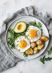 Delicious breakfast eggs and avocado home kitchen food photography cozy setting healthy eating