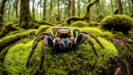 Hairy Tarantula Creeping Across Mossy Forest Floor with Decaying Leaves
