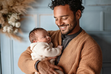 A man holds a baby in his arms in a cozy home atmosphere. Paternal activity. Emotional connection. The concept of care and love. A special bond between a parent and a child.