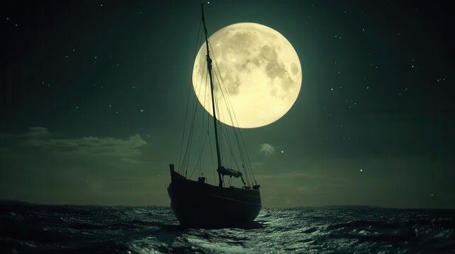 Silhouette of sailboat on moonlit sea.
