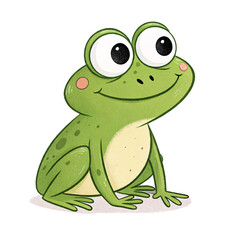 Naklejka premium A vibrant green frog sitting on a white surface, featuring expressive large eyes, a soft smile, and textured skin details, isolated on a transparent background