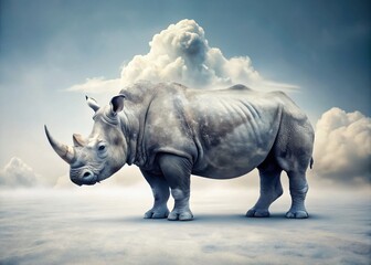 Fototapeta premium Surreal Scene of a Rhino Standing Alone on a Pristine White Background, Blending Reality and Imagination in a Captivating Display of Nature's Majesty and Artistic Vision