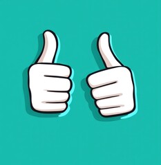 Two cartoon thumbs up gestures on teal background.