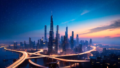 View of a futuristic city skyline with tall buildings and elevated, illuminated highways circling the center at nightfall, in a sci-fi fantasy concept art illustration style