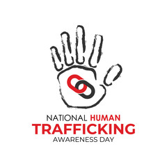 National Human Trafficking Awareness Day on January 11th. Silhouette of hand with broken chain and Realistic Ribbon. Banner poster, flyer and background design template. Vector illustration. Eps 10.
