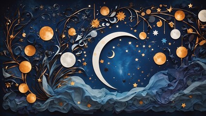 Obraz premium A crescent moon in a starry night sky 
