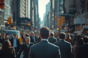 Fototapeta premium Grey Suit Man Walking Sunlit Urban Street