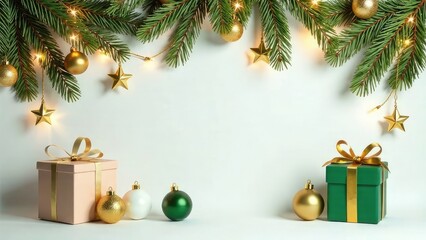 New year postcard with copy space for text in a center on white background. Christmas decoration with gift boxes, fir branches, garland lights, stars and balls in gold and green colors. Mockup design
