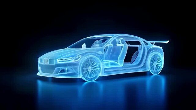 Holographic animation of 3D wireframe car model rotating in black virtual space