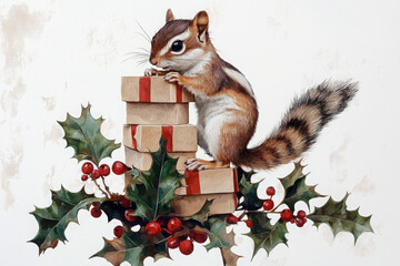 Fototapeta premium Chipmunk stacking gift boxes with holly leaves festive scene illustration natural environment close-up view soft textures for holiday decor