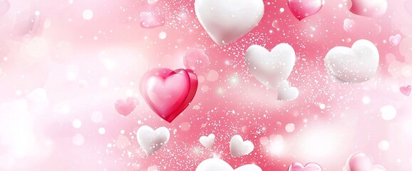 Obraz premium Sfondo rosa con cuori di diverse dimensioni che fluttuano. Effetti luminosi e scintillanti. Sfondo per cartoline digitali, banner e post sui social media