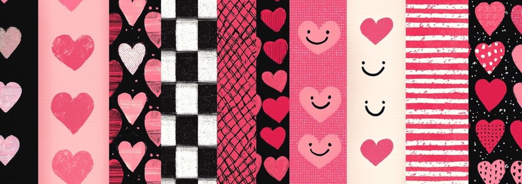 Una serie di disegni in rosa, rosso e nero, con cuori, a scacchi e faccine sorridenti, creati per la stampa su tessuto.