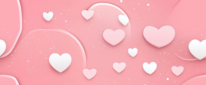 Carta regalo per bimbe con cuoricini bianchi e rosa su sfondo rosa.  I cuori hanno un effetto tridimensionale Alcune linee curve e punti bianchi aggiungono un elemento dinamico e decorativo al design 