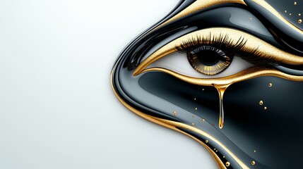 An artistic representation of an eye with flowing black and gold elements.