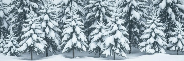 Snow-covered pine trees in a winter storm, crystalized, snowy