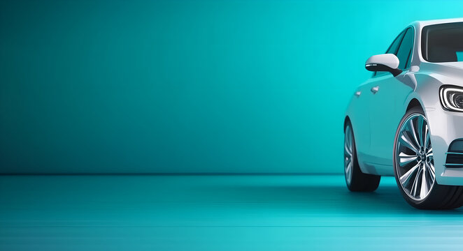 luxurios brandless white limousine; desirable car model isolated over blue empty interior background; front view; copy space