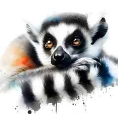Obraz premium 흰 배경, 알락꼬리 여우원숭이, 수채화, jpeg (white background, Ring tailed lemur, water colour, jpeg)