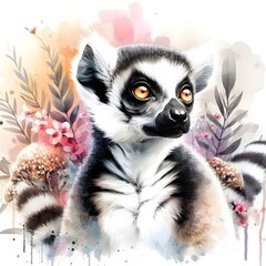 Fototapeta premium 흰 배경, 알락꼬리 여우원숭이, 수채화, jpeg (white background, Ring tailed lemur, water colour, jpeg)