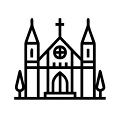A minimalist vector icon of a church, featuring a traditional structure with a pointed roof, cross, and large arched windows. The design reflects simplicity and elegance, making it ideal for use in re