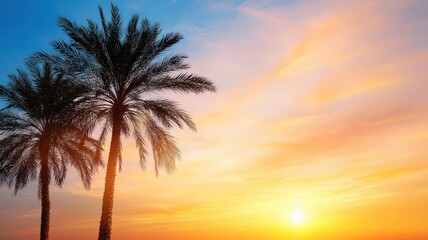 environmental consideration conservation nature concept. Sunset behind palm trees with vibrant colors in the sky.