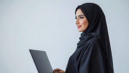 Arabian woman wearing a black abaya holding laptop, copy space