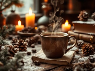 Cozy winter double exposure mulled wine desk.