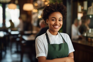 Fototapeta premium Smiling portrait of a young female waitress in cafe