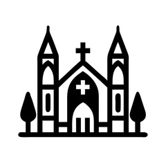 A minimalist vector icon of a church, featuring a traditional structure with a pointed roof, cross, and large arched windows. The design reflects simplicity and elegance, making it ideal for use in re