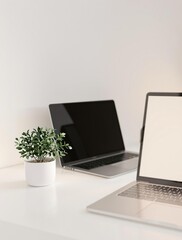 Minimalist desk setup with a small plant and a laptop, office plant, greenery, indoor plant