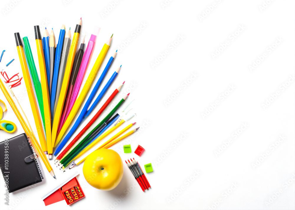 Poster iculously arranged school supplies on a white background create a visually appealing scene for educa