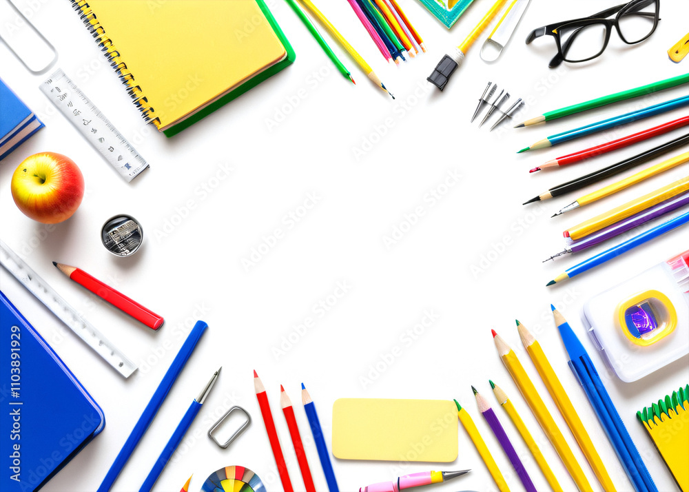 Aufkleber iculously arranged school supplies on a white background create a visually appealing scene for educa