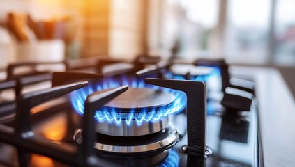 A close-up of a gas stove burner with blue flames ignited.