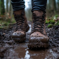 Muddy Boots on a Trail in Nature