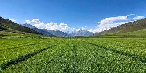 environmental consideration conservation nature concept. Lush green fields under a clear blue sky with mountains in the background.