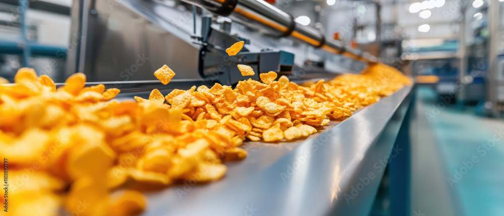 Poster optimizing production line for corn flakes metallic machinery insights in a factory environment focu