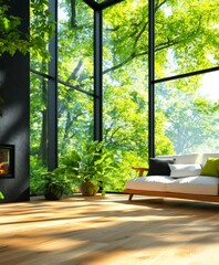 Fototapeta premium Living Room with Floor-to-Ceiling Windows and Indoor Plants
