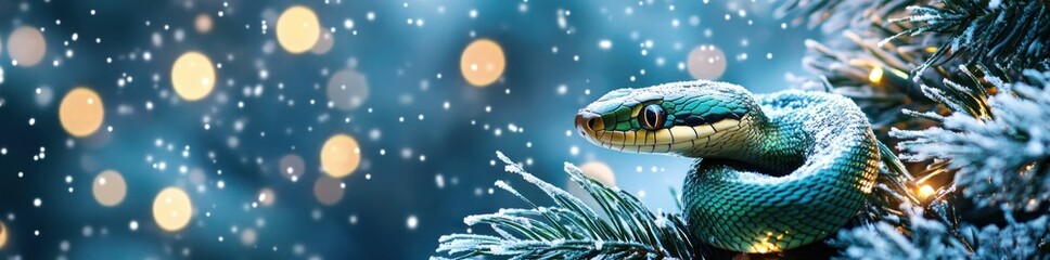 Fototapeta premium Snake on pine branches, snow, winter season, blurred lights, nature background, vibrant colors, holiday season, close up view, peaceful atmosphere, detailed scales and textures