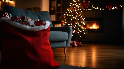 Christmas Gifts in Santa's Sack Near a Cozy Fireplace and Decorated Tree
