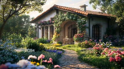 Obraz premium Charming cottage nestled in a vibrant garden, bathed in warm sunlight.