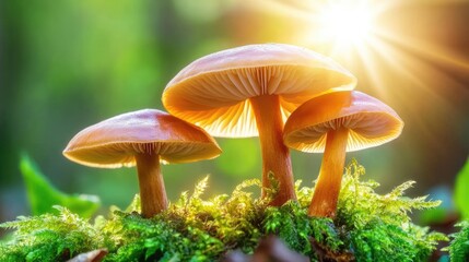 Glowing Mushrooms Under Sunlight in Forest