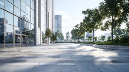 A city highway sleek style, contemporary buildings with large glass windows and geometric designs