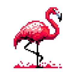 흰 배경, 홍학, 픽셀아트 (white background, Flamingo, pixel art)