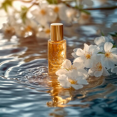 Product photo, small bottle of golden moisturizing oil, cream and white flowers next to water, cosmetology