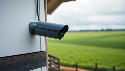 Outdoor Security Camera on Building Rural Landscape Background