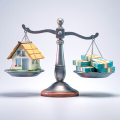 Scales, a private house on one side of the scale, a stack of bundles of banknotes on the other. Illustration on a white background. A conceptual representation of the value of real estate.
