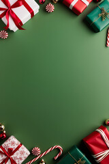Beautiful Christmas green background with some decorations arranged in the corners of the frame such as wrapped gifts, and candy canes, while the middle of the picture is just a plain green surface
