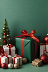 Beautiful Christmas green background with some decorations arranged in the corners of the frame such as wrapped gifts, and candy canes, while the middle of the picture is just a plain green surface